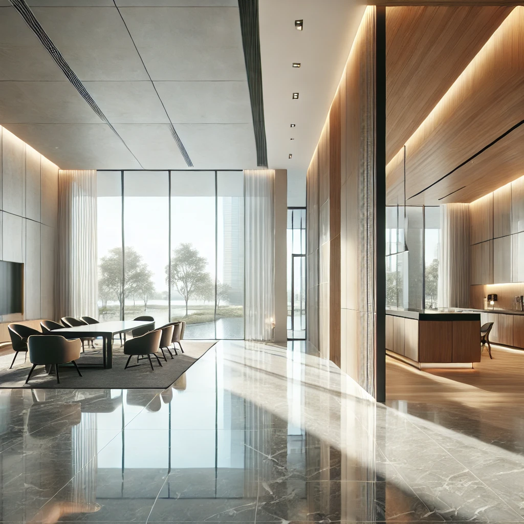 DALL·E 2024 09 24 14.11.56 A photorealistic architectural rendering of a modern buildings interior space. The scene showcases a spacious bright and elegant design with contem